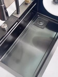 JOTO 304 Stainless Steel Kitchen Sink Double Waterfall Single Slot Integrated Digital Display Faucet Set Home Sink
