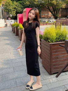 Slimming Effect Loose Fit Short Sleeve round Neck Long Dress Korean Style Summer New Arrival Black Simple High Waist A-Line Dress