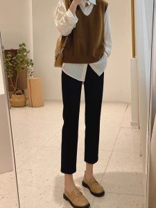 Black Fleece Lined Straight Leg Jeans Womens Autumn Winter Spring Summer High Waist Cotton Stretch Denim Breadstick Pants