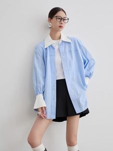 Polo Collar Loose Blue White Stripe Blouse