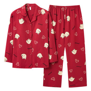 MiiOW | ชุดนอนคู่รักผ้าฝ้ายแขนยาวสีแดงสำหรับฤดูใบไม้ผลิและฤดูใบไม้ร่วง ชุดนอนผู้ชายและผู้หญิง ชุดอยู่บ้าน ชุดนอนคู่รัก