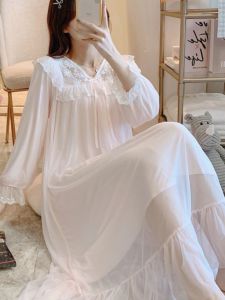 Princess Style Long Sleeve Modal Lace Trim Nightgown Retro Court Fashion Mid-Length Mesh Sleep Dress for Women
