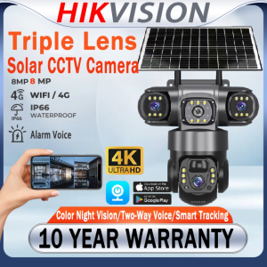 HIKVISION Solar 4G SIM CCTV Camera Connect Cellphone With Solar Panel Three Lens HD Surveillance Color Night Vision Two-Way Audio Waterproof CCTV Security Cameras