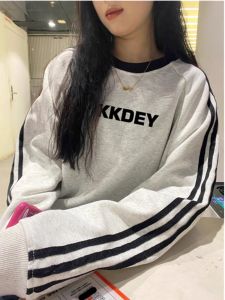 Retro American round Neck Sweatshirt Womens Loose Design Thin Outerwear Spring Autumn Comfortable Stretchy Cotton Long Sleeve