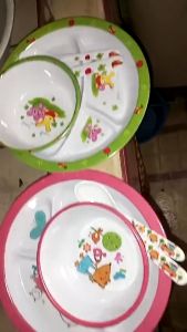 4PCS Baby Plate Set With Bowl Fork Spoon Set Kid Natural Bamboo Fiber Cartoon Plates Set