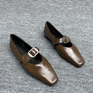 Mary Jane Flat Heel Shoes Womens Leather Low Block Heel Buckle Closure Small Square Head Fashionable Casual Footwear
