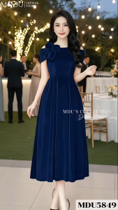 Váy Thiết Kế MDU5849 Nhung Cao Cấp Gam Xanh Navy Sang Trọng Dáng Xòe Midi Đính Hoa Vai Thủ Công Tôn Eo Thanh Lịch Từ MDU