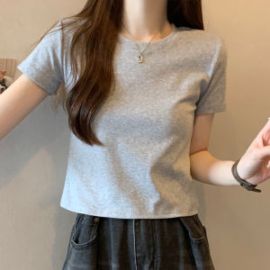 เสื้อยืดแขนสั้นสีเทา ทรงเข้ารูป ทรงเข้ารูป เอวสูง ทรงเข้ารูป สำหรับผู้หญิง ฤดูร้อน 2025 ใหม่ ไซส์เล็ก เสื้อตัวบน