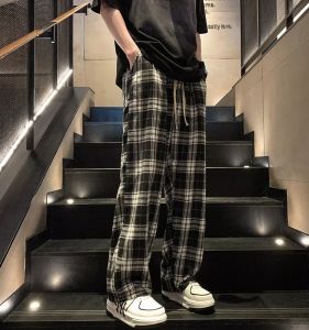 กางเกงขายาวลายสก็อตย้อนยุคสไตล์อเมริกันสำหรับผู้ชายในช่วงฤดูร้อน กางเกงขายาวทรงหลวมๆ สไตล์ญี่ปุ่นสำหรับผู้ชายที่สวมใส่สบาย