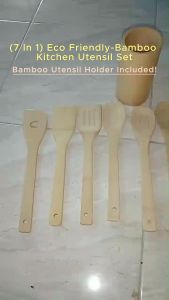 7 in 1 Eco Friendly-Bamboo Kitchen Utensil Set Tool Kitchenware with Bamboo Utensil Holder for Cooking
