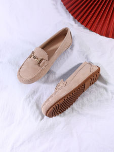 Spring and Autumn Genuine Leather Flat Shoes Womens Soft Bottom Casual Versatile Bean Shoes with Flat Heel Non-Slip Rubber Sole