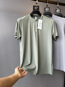 Laser-Punched Ice Silk Cool Feeling Quick Dry Half Zip Mens Short Sleeve T-Shirt for Outdoor Sports Running Fashion Urban Style