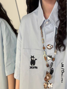 เสื้อเชิ้ตคอโปโลแขนสั้นทรงหลวมสไตล์ญี่ปุ่นสำหรับฤดูร้อน เสื้อเชิ้ตผู้ชาย ผู้หญิง เสื้อเชิ้ตผู้หญิงลายเสือดาวสไตล์ย้อนยุค