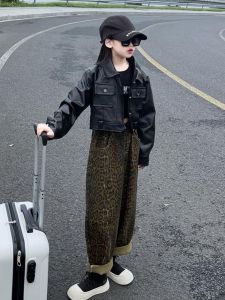 Girl Leather Coat Autumn Clothing 2024 New Arrival Kids K-style Western Style Fashion Autumn Girl Cropped Jacket