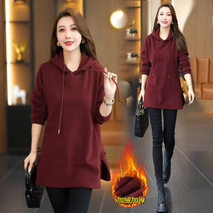 Thickened Fleece Hoodie Womens Casual Long Sleeve Mid-Length Coat Korean Style Fashionable Loose Outerwear for Winter