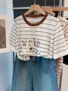 JIANDIYA | Embroidered Crew Neck Stripe Casual Short Sleeve T-Shirt Women