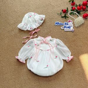(3-12kg) Body Tơ Trắng Thêu Hoa Tulip NHÍM XÙ KIDS Cho Bé Gái Sơ Sinh Đầy Tháng Thôi Nôi B075