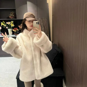 Thickened Long Mid-Length Winter Coat Korean Style Fur Outerwear Stand Collar Sleeve Roll-Up Eco-Friendly Faux Fur Womens Jacket