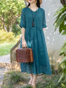 Retro Pleated Pure Color Cotton Linen Womens Summer New Loose Slimming Casual Elegance Chinese Style Long Dress A-Line Skirt