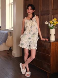 Cool and Retro Chinese-style Halter Pajama with Chest Pad High-end Thin Sleepwear Women Summer Loose Pyjamas Home Wear Set That Can Be Worn Outside