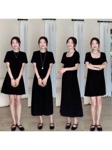 Slimming Straight Tube T-shirt Dress Womens Summer Elegance Small Black Dress Casual Comfortable Loose Fit round Neck High Waist