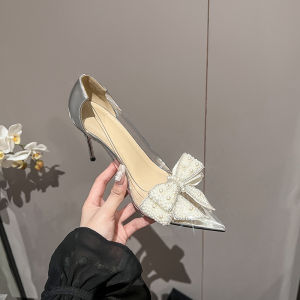 รองเท้าส้นสูงแบบสวมสำหรับผู้หญิง ทรงหัวแหลม สายรัดผีเสื้อแบบฝรั่งเศส คริสตัล รองเท้าแต่งงาน ทรงหัวแหลม รองเท้าส้นเดี่ยว รองเท้าแฟชั่น