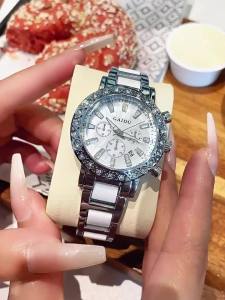 CASDON Top-Selling Product Fashion Womens Watch Waterproof Luminous Fritillary Quartz Womens Watch round Diamond Calendar Ceramic Wrist Watch