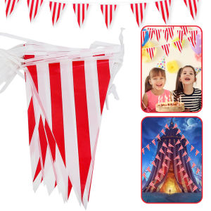 On Sale: 10M Classic Red White Striped Bunting Triangle Flags Circus Carnival Garland Flags Festivals Party Outdoor Decor String