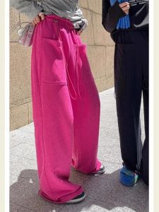 High Waist Knitted Wide Leg Pants Floor Length Casual Loose Style Pink Knit Trousers Autumn New Arrival Womens Fashion