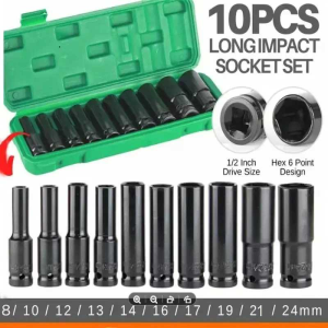 MATA KUNCI SHOCK IMPACT 8-24MM 10 PCS HITAM SOCKET 1/2 DEEP WALL PANJANG SOK SOCK