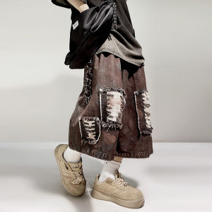 Hiphop Brand Vintage Patchwork Straight Wide Leg Denim Capris Pants