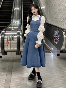 Summer New Womens Long Sleeve Denim Shirt Halter Neck Mini Skirt Two-Piece Set Sweet Style Casual Comfortable Cotton Blend