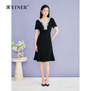 YINER | Elegant Lace Trim V-Neck Vinegar Fiber Blend Waist-cinching Dress