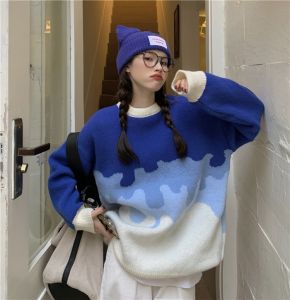 Áo Len Dệt Kim Màu Xanh Klein Gradient Cho Nữ Mùa Thu Đông Thiết Kế Mới Màu Tương Phản Cổ Tròn Dài Tay Thường