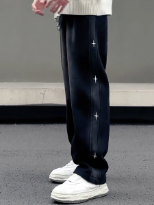 Autumn Winter Fleece Lined Heavyweight Washed Vintage Wide Leg Casual Pants Men Trendy Loose Fit Straight Leg Long Pants