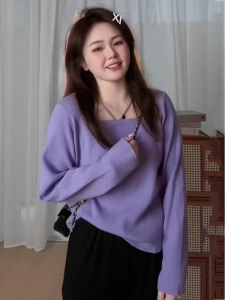 plus Size Womens Knitted Sweater Square Collar Loose Fit Base Layer Top Early Autumn New Style Korean Style Long Sleeve