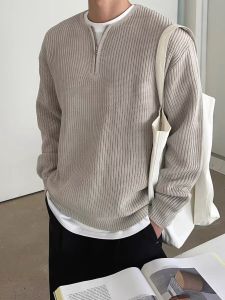 เสื้อสเวตเตอร์คอปกกลมแขนยาวแบบสวมหัวสไตล์อเมริกันคลาสสิกพร้อมซิปด้านหน้าสำหรับผู้ชาย เสื้อคลุมกันหนาวแบบสวมหัวทรงหลวม