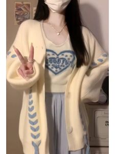 American Retro Soft Glutinous Sweater Female Fall and Winter Loose and Lazy Style Butterfly Heart Strap Stylish Cardigan Outwear Tide