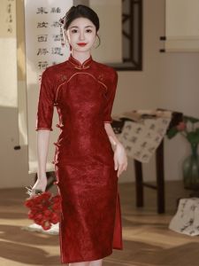 Summer Style Red Lace Split Dress Chinese New Wedding Cheongsam Stand Collar Button up Skirt Female Clothing Accessories