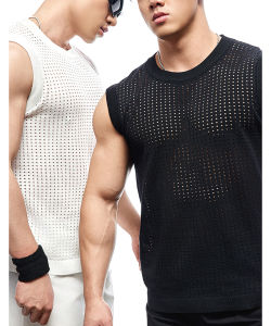 European Goods Mercerized Cotton Ice Silk Mesh Waistcoat Mens Fitness Training Sports Sports Sleeveless T-shirt Cut Out Knitted Waistcoat