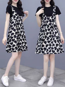 Summer Print Halter Neck Short Sleeve Womens Dress High Waist A-Line Skirt Korean Style Faux Two-Piece round Neck Maternity Dress