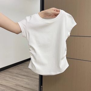 Áo Thun Nữ Tay Ngắn Cổ Tròn Màu Xám Đậm Dáng Ôm Vừa Vặn Mùa Hè Có Chi Tiết Xếp Ly Bên Hông Áo Thun Thường Ngày Phong Cách Hàn Quốc