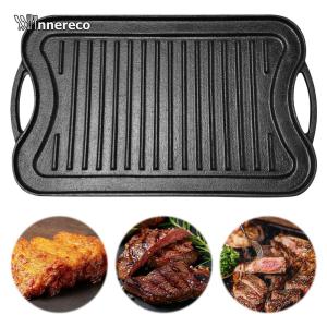 Top-Rated Heavy Duty Double-Sided Grill Pan Cast Iron with Double Handles- Extra Thick Non-Stick BBQ Griddle for Outdoor Camping Family Gatherings & Beef Grilling for Steaks Broil Bread Eggs(Stripe Design)
