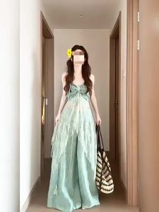 French Holiday Style Unique Asymmetrical Lace Splicing Strap Long Dress Womens Summer Beautiful Dress Commute Korean Style