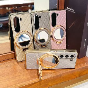 Luxury Cosmetic mirror holder Bracket Phone Case For Samsung Galaxy Z Fold 6 5 4 3 ZFold 3 Cases leather Cover