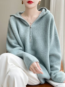 Fall and Winter Towel Embroidery Half Zipper Hooded 100% Woolen Sweater Womens Fashion Loose-Fitting Long Sleeve Sweater Cashmere Knitting Tops