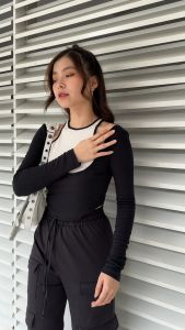 Atasan Wanita Two Tone Lengan Panjang Crop Korean Basic Rib Knit