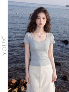 YOUXIANG | Áo Thun Ôm Co Dây U Màu Xanh Đô Short T Tay