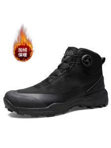 Mens High-Top Fleece-Lined Hiking Shoes Lightweight Shock-Absorbing Outdoor Climbing Shoes Breathable Warm Cotton Shoes
