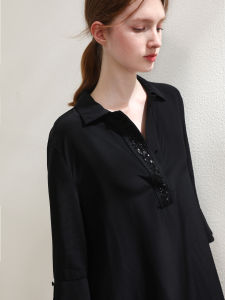 Miccbeirn | Elegant V-neck Silk Chiffon Dress Glitter Embroidery Slimming Mid-length Lazy Style Commute Simple High-waist Bright Thread